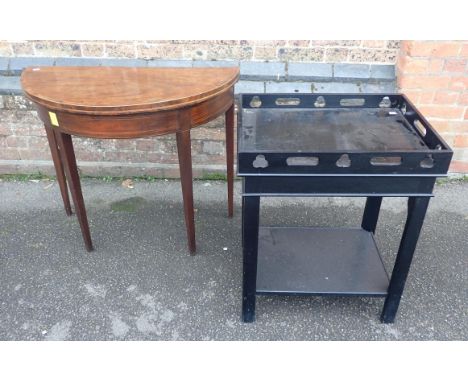 AN EBONISED TABLE WITH DETACHABLE TRAY-TOP, WITH TREFOIL PIERCED GALLERY59cm wide (reproduction), and a mahogany demi-lune ca