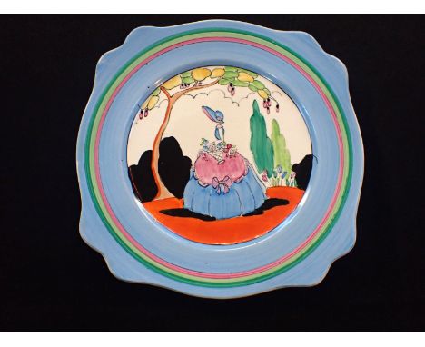 CLARICE CLIFF: A LEDA SHAPED PLATE, APPLIQUE IDYLLthe crinoline lady with a basket of flowers, with vibrant painted bands, A.