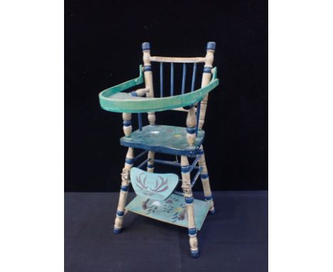 A DOLLS POLYCHROME PAINTED METAMORPHIC HIGH CHAIRwith abacus to the table, 50cm high