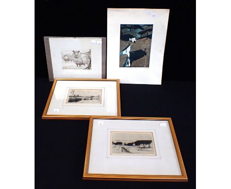 J BEATTIE, LAMBING FOLD iiEtching, no.57/100, with a pair of etching of a river valley and a farm landscape and Roger Murflin