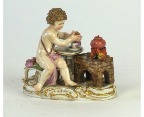 A Meissen style figure group emblematic of Winter
The putti figure modelled seated before a brazier and hearth whilst drinkin