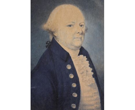 George III miniature watercolour portrait on card, of a bewigged gentleman in a blue overcoat, unsigned (at fault), 7.5ins x 