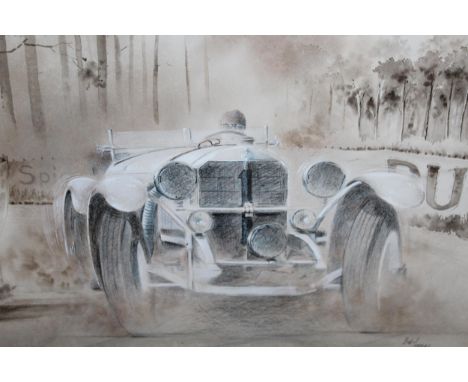 Bob Murray, watercolour and gouache, study of a vintage Mercedes motor racing vehicle taking a corner, signed, 12ins x 15ins,