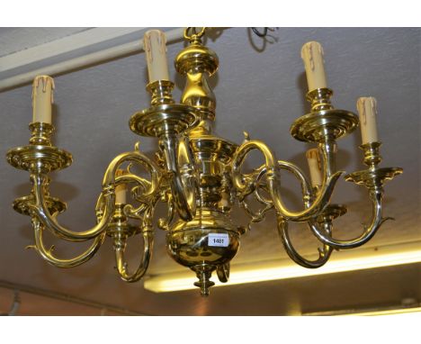 Large mid 20th Century gilt brass eight light electrolier in antique Dutch style, 28ins diameter x 22ins excluding the ceilin