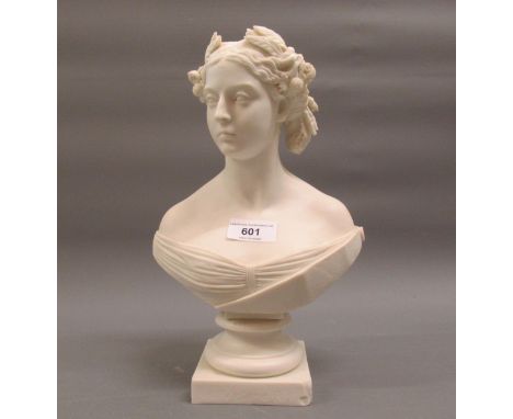 Minton Parian bust of Queen Victoria as a young woman wearing a floral garland in her hair, modelled by C. Marochetti, on a s