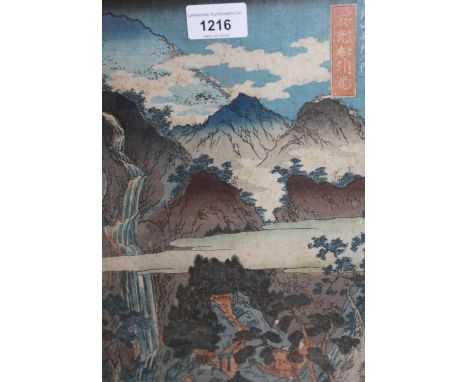 19th Century Japanese woodblock print, buildings in a mountainous landscape with a waterfall, 13ins x 8.25ins approximately, 