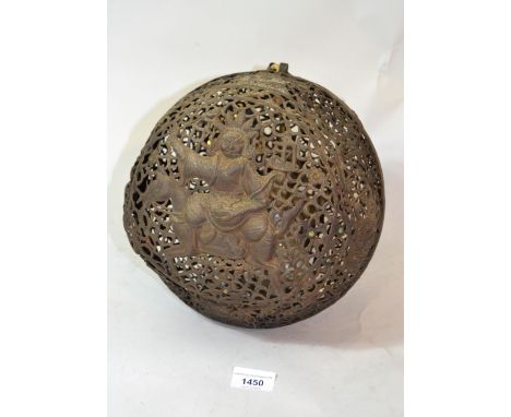 19th Century Tibetan metal ball form lantern with embossed decoration of figures on horseback, 9ins approximate diameter (som