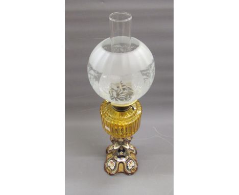 19th Century Continental pottery and glass oil lamp with etched shade, the base in the form of elephants heads, marked W.S & 