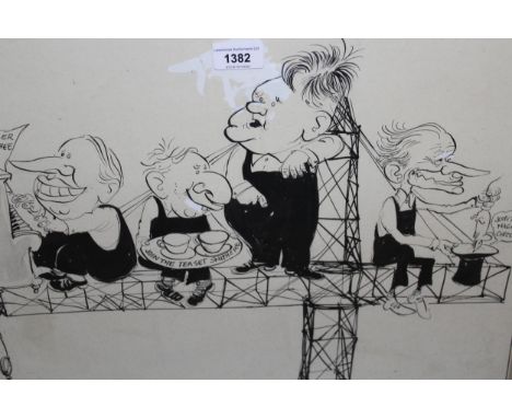 William Papas, ink caricature sketch of Ted Heath playing the piano, titled ' Everyone Down There is Bonkers ', 14ins x19ins 