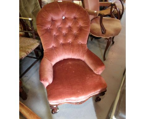 Small Victorian button upholstered nursing chair, together with a box commode and a mahogany two door cupboard 