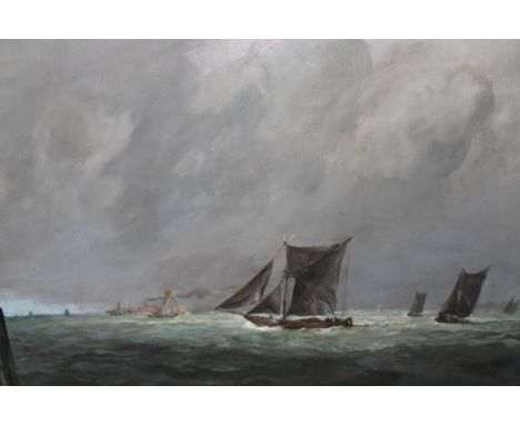 Frank Lewis Emanuel, oil on canvas, seascape with various shipping under a grey sky, signed and dated 1918, 26ins x 28.25ins,