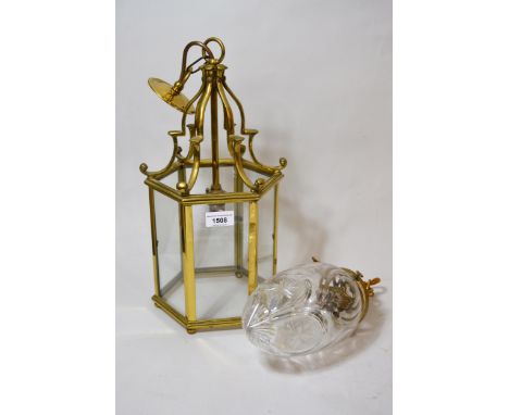 Brass hexagonal and glass hanging hall lantern, together with another gilt brass hall lantern with clear glass shade and a br