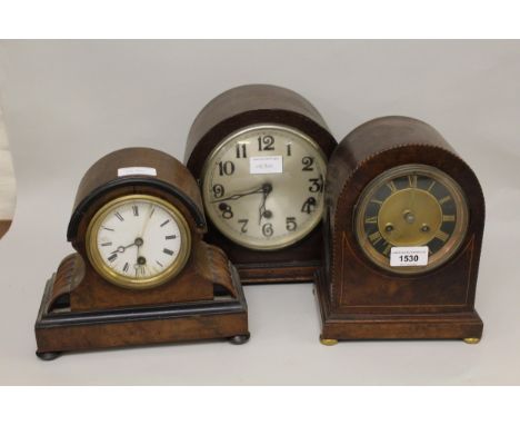 Small Victorian walnut mantel clock (at fault), together with a later mantel clock and another 1930's mantel clock 