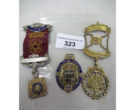 Silver and enamel masonic medallion, silver and enamel Royal Order of Buffalos medallion, and another silver gilt medallion 