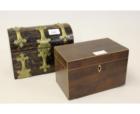 Victorian coromandel and brass mounted dome top box by Sampson of York, the hinged lid enclosing a velvet lined interior, 8.7