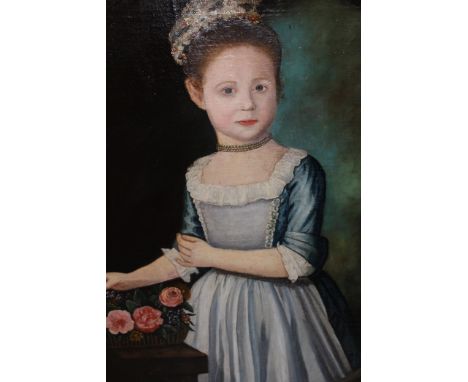 Early 19th Century English school, oil on canvas laid down on board, portrait of an unknown girl standing beside a table with