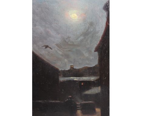 R. Warren Vernon, oil on panel, figure in a moonlit street, signed and inscribed verso ' moonlit Sketch From Nocturne ', 10in