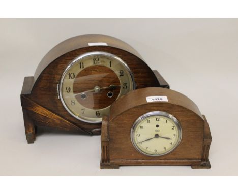 Art Deco two train mantel clock and another smaller electric oak cased mantel clock 