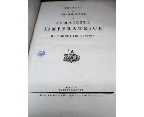 18th Century leather bound large folio, titled ' Theatre de L'Hermitage de sa Majeste L'imperatrice de Toutes Les Russies St 