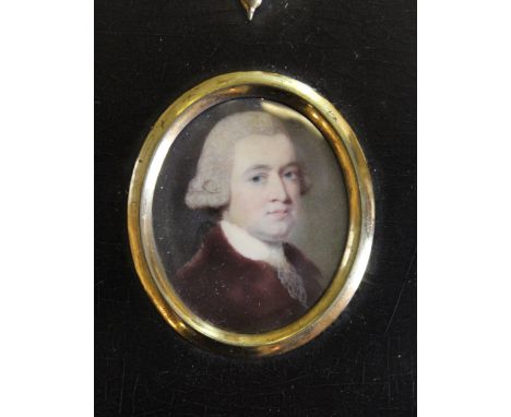 Ozias Humphrey, George III oval miniature head and shoulder portrait on ivory of a bewigged gentleman in velvet jacket, in an