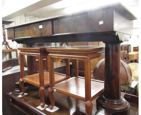 Good quality Victorian figured mahogany two drawer side table on large turned tapering end supports with twin platform bases 