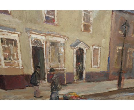 H. Stuart Wier, signed oil on board, figures in a street, oil sketch verso of a farmhouse, 12ins x 16ins 