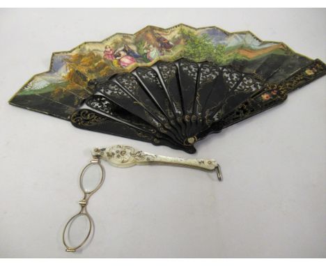 Pair of 19th Century mother of pearl lorgnettes, together with a 19th Century overpainted print and black lacquer fan 