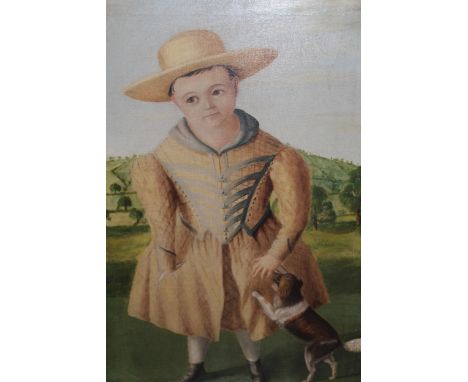 19th Century naive school, oil on canvas, portrait of a child in a landscape with a dog, unsigned, 25.25ins x 18.25ins, maple