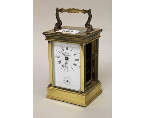 20th Century gilt brass carriage clock, the enamel dial inscribed Rapport with alarm function, striking on a bell, (minus one