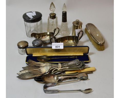 Silver (830 mark) sugar bowl and matching cream jug, Birmingham silver pepper grinder, five various dressing table bottles, s