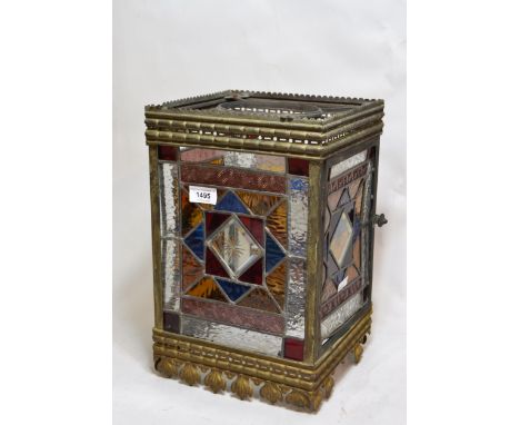 Victorian brass and coloured leaded glass square form lantern, (at fault), 14.5ins high x 9.5ins squareDoes have some chips a