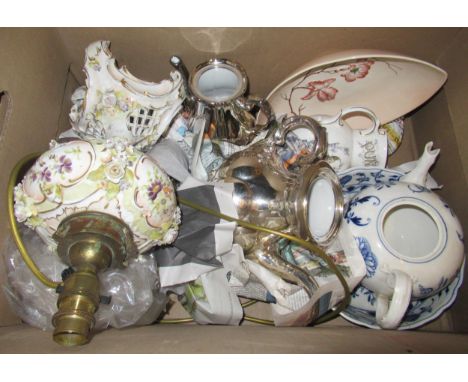 Continental porcelain table lamp, Meissen teapot and Meissen onion pattern bowl, (all at fault) and sundries 