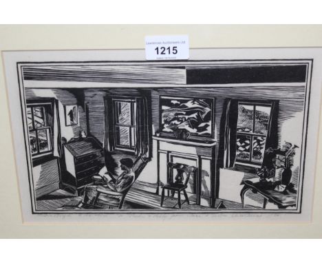 Fiske Boyd, woodcut print, interior scene with a seated figure reading, 6ins x 10.25ins approximately, signed and inscribed t