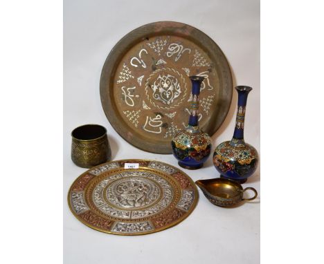 Circular Middle Eastern copper plaque with inlaid decoration, together with brass plaque, small jardiniere, an enamel decorat