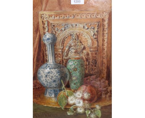 Albert Warren, watercolour, still life, fruit, pottery, flowers and a carved oak plaque on a table top, signed, 17ins x 12ins