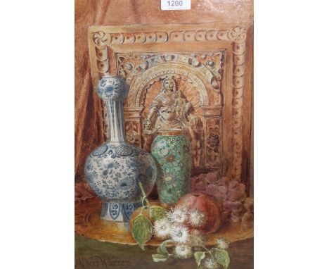 Albert Warren, watercolour, still life, fruit, pottery, flowers and a carved oak plaque on a table top, signed, 17ins x 12ins