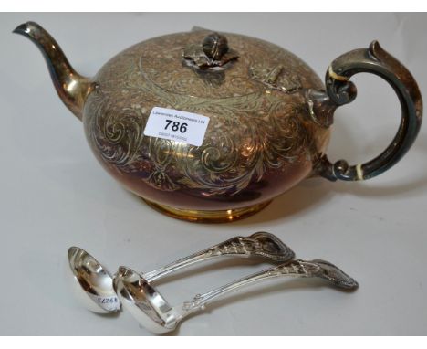 Victorian silver plated melon form teapot, a plated ladle and matching sugar caster spoon 