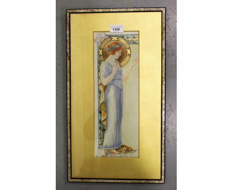 Pre-Raphaelite style watercolour, highlighted with gilt, portrait of a young lady in classical robes, 14ins x 5insMid to late