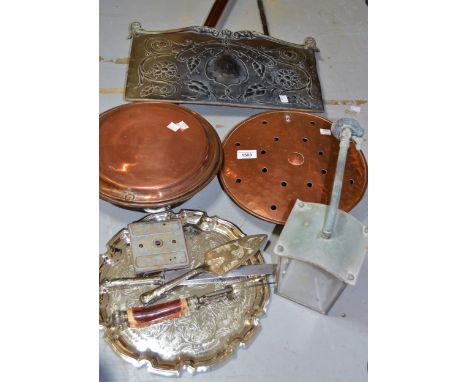 Two 19th Century copper warming pans, one with fruitwood handle and one with an iron handle, embossed fireplace panel, a wall