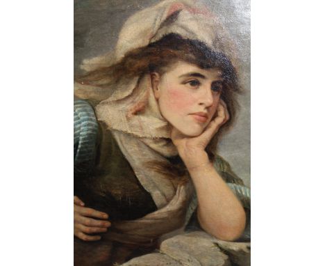 Emily Robinson, late 19th Century oil on canvas, portrait of a young girl leaning on a wall, signed and gilt framed, 22ins x 