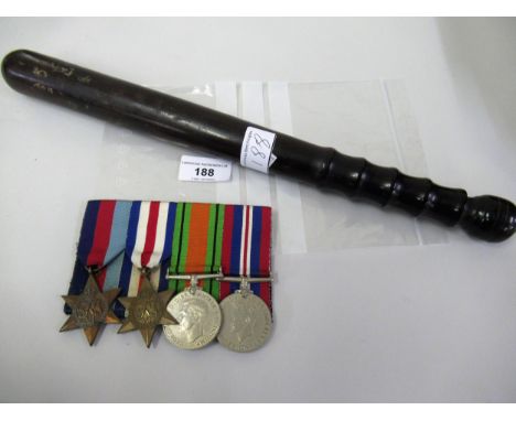 World War II medal group of four, including the George VI star and France and Germany star etc, and a 19th Century truncheon 