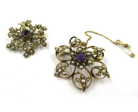 9ct Amethyst and seed pearl flower head brooch, together with a similar smaller silver gilt brooch 