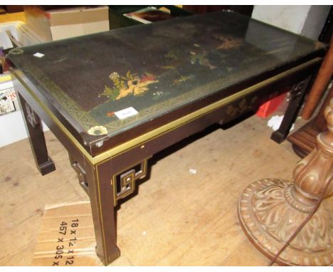 Chinoiserie lacquer rectangular occasional table, 34ins wide together with a small stripped pine chest of three drawers, 19.5