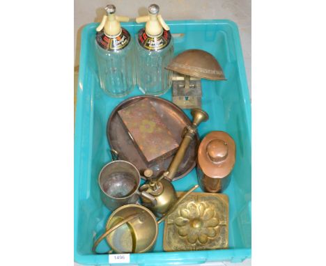 Mid 20th Century brass clip-on reading lamp, copper teapoy, pair of etched glass Schweppes soda water syphons and small quant