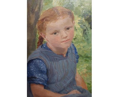 Camilla Alexander, oil on canvas, portrait of a child in a garden, signed and inscribed on exhibition label verso, 20ins x 16