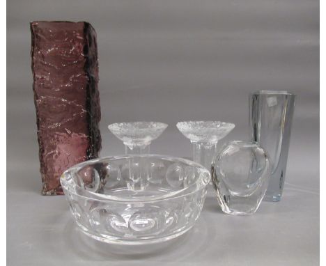 Orrefors glass bowl designed by Sven Palmqvist, in original box, 8ins diameter, two Orrefors 1984 ' Olympic ' candle holders,