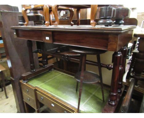 Good quality Victorian mahogany two drawer side table on twin turned end supports with stretcher, 51ins wide 