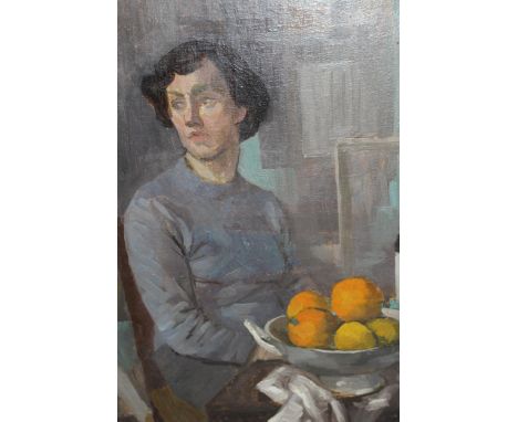 Oil on canvas laid on board, portrait of a young lady beside a bowl of fruit, inscribed verso Guthrie, 18ins x 15ins 