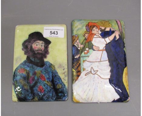20th Century Limoges type enamel plaque depicting two figures dancing, 6ins x 3.75ins approximately together with another, po