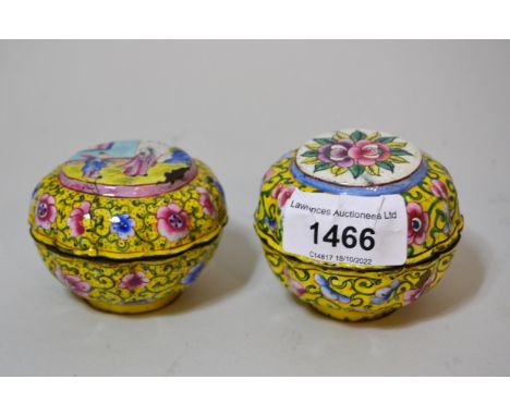 Two small 19th Century Canton enamel circular boxes with covers, 2.5ins diameter approximately 